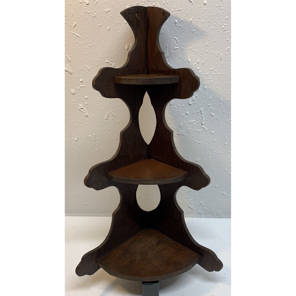 Antique Hand Cut Ornate Three Tiered Wood Corner Shelf Nick Nack